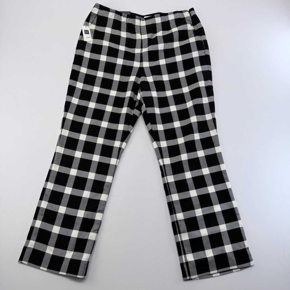 Gap Womens Black White Buffalo Plaid Flare Crop Pants Side Zip Stretch Size 12